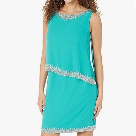 J Kara Women's Boat Neck Asymmetrical Bodice Edge Beaded Short Cocktail  Dress